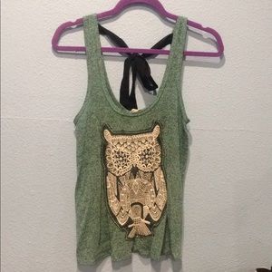 Poetry teal owl soft back tie tank top